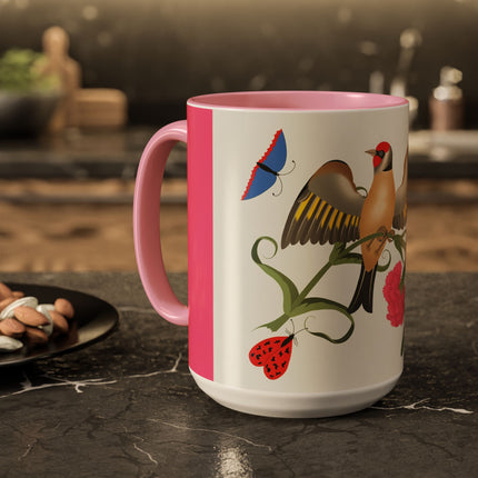 Goldfinch & Pink Flowers Colorful Mugs – Vibrant Spring & Bold Beauty