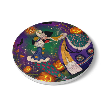 🎭🎃 The Masquerade Beneath The Pumpkin Lantern Ceramic Coaster – Theatrical Halloween Charm