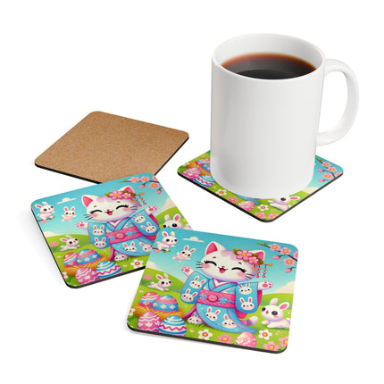 Springtime Kitten’s Easter Joy Corkwood Coaster Set