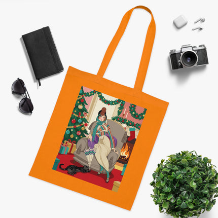 🔥🎄 The Lady Of The Christmas Hearth Cotton Tote Bag – Art Deco Holiday Warmth