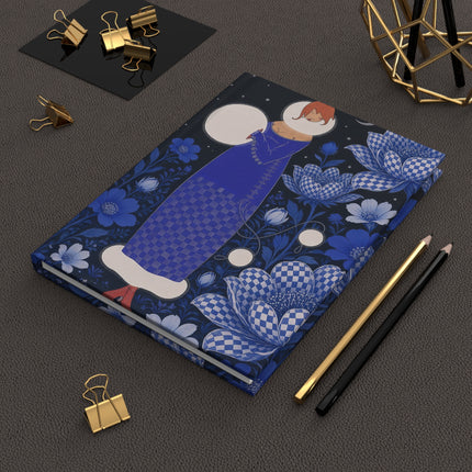 🌙💙 The Lady Of The Midnight Checkered Flower Garden Hardcover Journal – Art Deco Moonlit Elegance