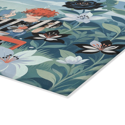 📚🌹 The Red-Haired Reader Glass Cutting Board – Art Deco Floral Garden