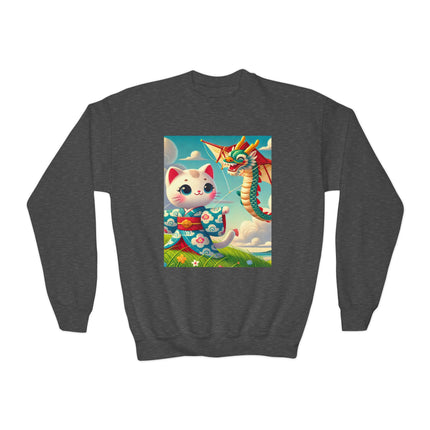 Geisha Kitten and the Dragon Kite Youth Crewneck Sweatshirt – Freedom, Motion & Playful Spirit