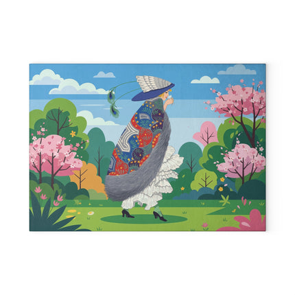 🦚🌸 The Peacock Garden Stroll Glass Cutting Board – Art Deco Fashion Elegance