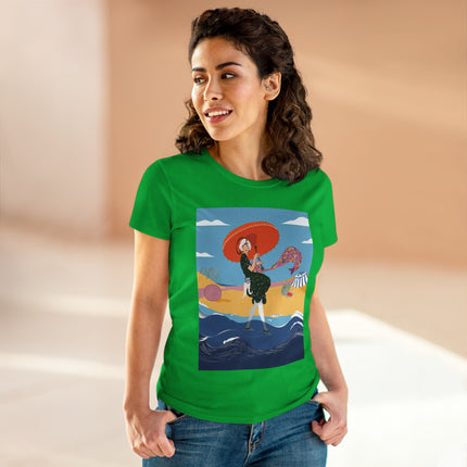 Beachside Promenade Women's Midweight Cotton Tee – Summer Glamour & Coastal Joy