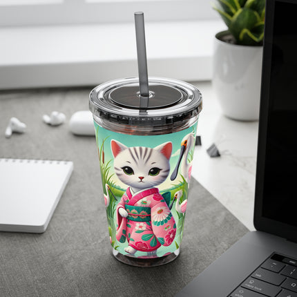 Geisha Kitten Strolls Among the Spoonbills Sunsplash Tumbler with Straw, 16oz