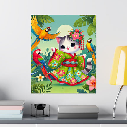 🦜🐱 Parrot Dance of the Geisha Kitten Matte Vertical Poster – Tropical Whimsy & Colorful Charm