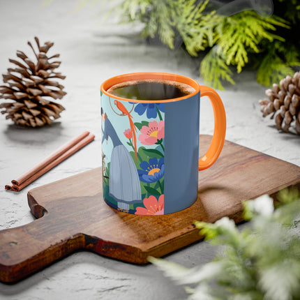 The Lady And The Mysterious Bird Colorful Mugs – Art Deco Botanical Mystery