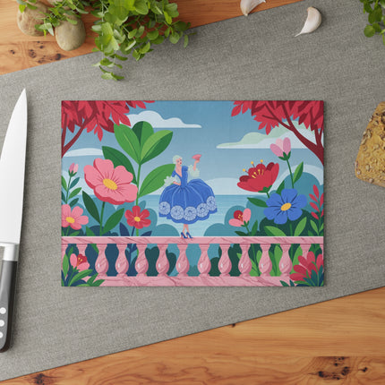🌸💙 The Lady Of The Garden Terrace Glass Cutting Board – Art Deco Floral Fashion Elegance