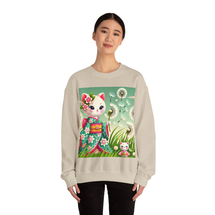 Geisha Kitten and the Dandelion Wish Heavy Blend™ Crewneck Sweatshirt
