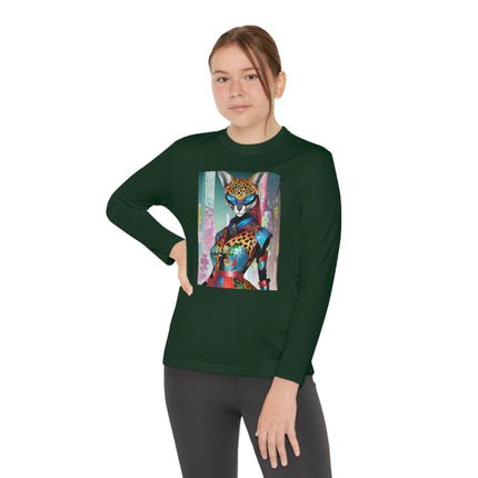 Cyber Cat Glamour Youth Long Sleeve Competitor Tee – Neon Elegance & Futuristic Style