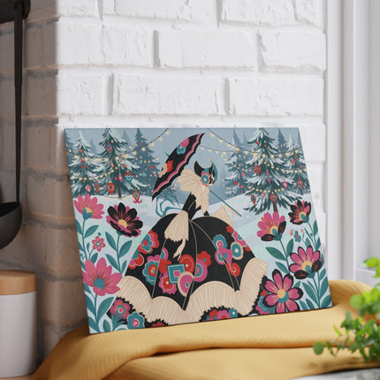🌸❄️ The Lady Of The Winter Blossom Glass Cutting Board – Art Deco Holiday Fantasy