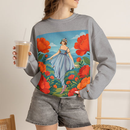 🌺🩵 The Poppy Hill Promenade Crewneck Sweatshirt – Art Deco Fashion Whimsy