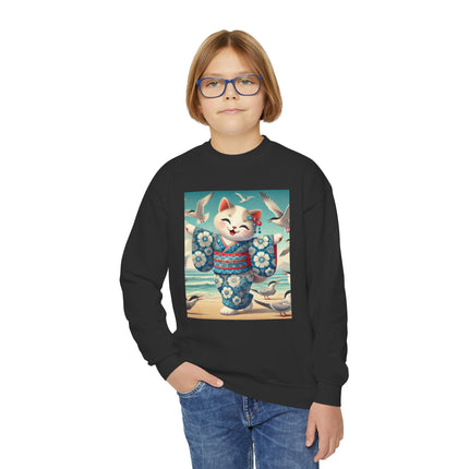 Geisha Kitten by the Seaside Youth Crewneck Sweatshirt – Coastal Charm, Joy & Whimsical Elegance