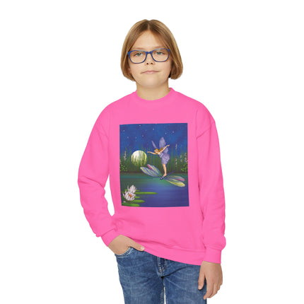 Fairy on a Dragonfly Youth Crewneck Sweatshirt – Enchanting Moonlit Fantasy