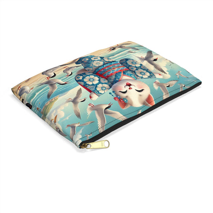 Geisha Kitten by the Seaside Accessory Pouch – Coastal Whimsy & Serene Grace