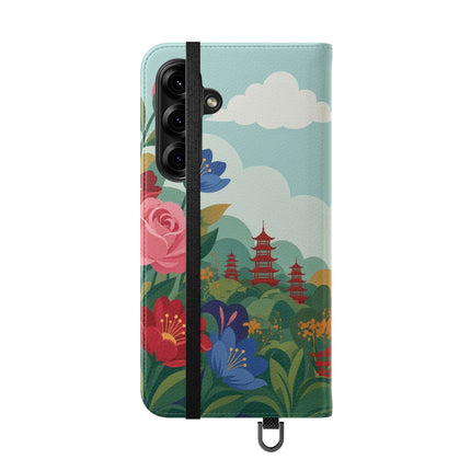 🌸🏯 The Lady Of The Pagoda Garden Flip Case – Art Deco Floral Fantasy