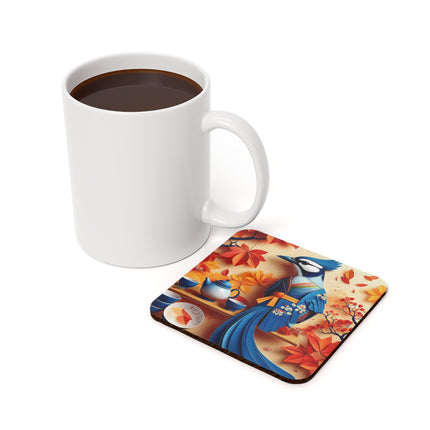 Blue Jay at an Autumn Tea Ceremony Cork Back Coaster