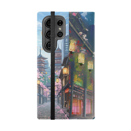 🦚🌸 Techno Plumes Peacock Flip Case – Neon Elegance & Sakura Dreams