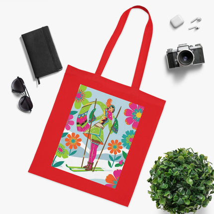 🎿🌸 The Winter Flower Adventurer Cotton Tote Bag – Colorful Skiing Fantasy