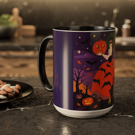 🎃🌕 The Pumpkin Moon Enchantress Colorful Mug – Elegant Halloween Masquerade