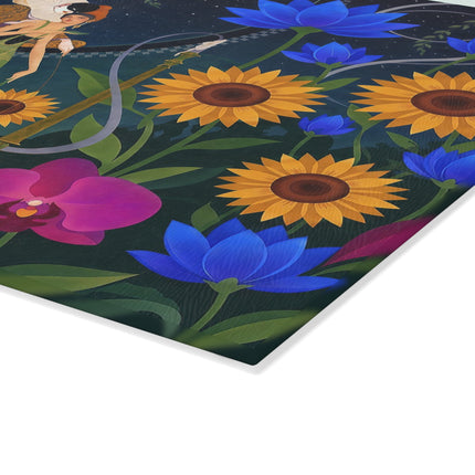 🌻🌙 The Midnight Sunflower Garden Glass Cutting Board – Art Deco Floral Fantasy