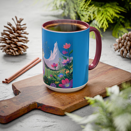 The Lady And The Moonlit Peak Colorful Mugs – Art Deco Alpine Garden Elegance