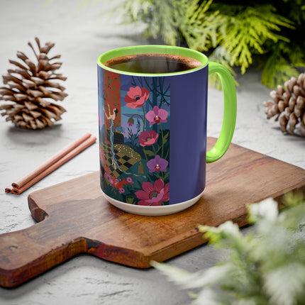 The Lady And The Midnight Birdcage Colorful Mugs – Art Deco Botanical Elegance