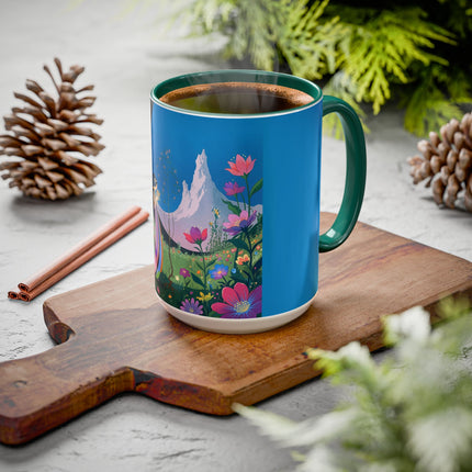 The Lady And The Moonlit Peak Colorful Mugs – Art Deco Alpine Garden Elegance
