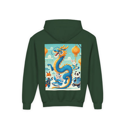 Blue & Gold Dragon Festival Parade Youth Hooded Sweatshirt – Joyful Celebration & Cultural Magic