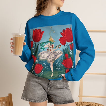 🌷🩰 The Scarlet Tulip Ballet Crewneck Sweatshirt – Art Deco Floral Whimsy