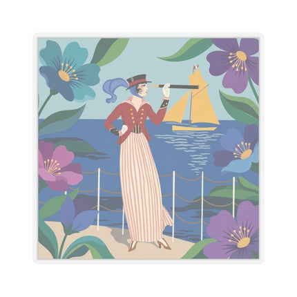 🌊🔭 The Lady Of The Seaside Lookout Kiss-Cut Stickers – Art Deco Nautical Adventure