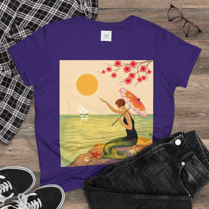 🧜‍♀️🌸 The Mermaid Beneath The Blossoms Cotton Tee – Art Deco Seaside Fantasy
