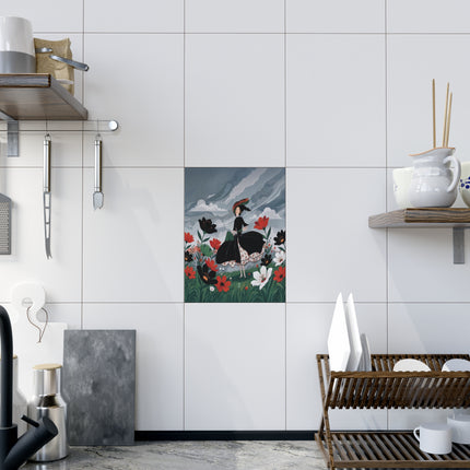 🌧️🌺 The Stormy Flower Walk Ceramic Tile – Art Deco Floral Fashion