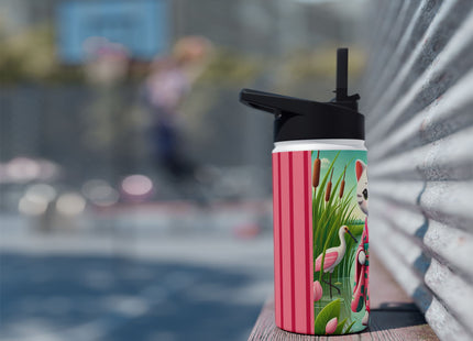 Geisha Kitten Strolls Among the Spoonbills Stainless Steel Water Bottle, Standard Lid