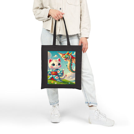 Geisha Kitten and the Dragon Kite Cotton Canvas Tote Bag – Joyful Flight & Dragon Spirit