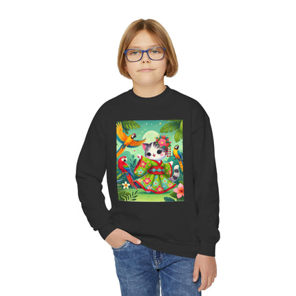 Parrot Dance of the Geisha Kitten Youth Crewneck Sweatshirt – Color, Rhythm & Joyful Expression