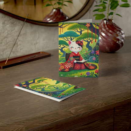 📖🌺 The Enchanted Garden Reader Kitten Greeting Card – Whimsical Japanese Garden