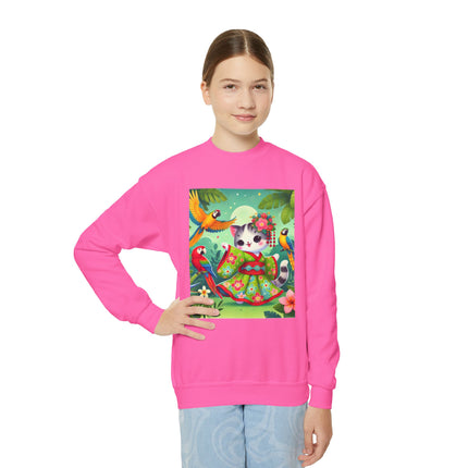 Parrot Dance of the Geisha Kitten Youth Crewneck Sweatshirt – Color, Rhythm & Joyful Expression