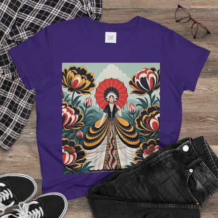 ❤️🌺 The Scarlet Parasol Garden Cotton Tee – Art Deco Floral Elegance
