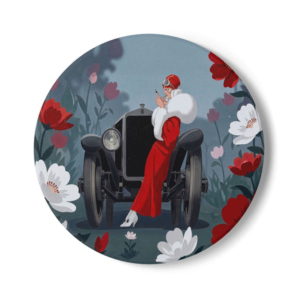 🚗🌺 The Lady Of The Grand Touring Car Ceramic Coaster – Art Deco Motoring Elegance