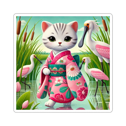 Geisha Kitten Strolls Among the Spoonbills Kiss-Cut Stickers (4 Sizes)