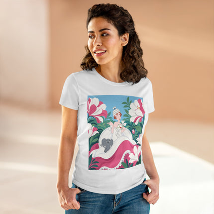 🌸🐘 The Pink Blossom Companion Cotton Tee – Art Deco Floral Whimsy