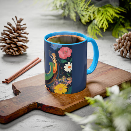 The Lady And The Crimson Moonbird Colorful Mugs – Art Deco Whimsical Garden Elegance