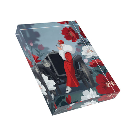 ❤️🚘 The Lady Of The Red Roadster Acrylic Art Block – Art Deco Motoring Elegance
