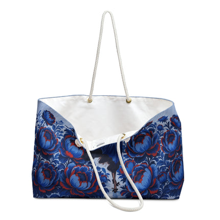 ☔💙 The Sapphire Rainfall Garden Weekender Bag – Art Deco Floral Elegance