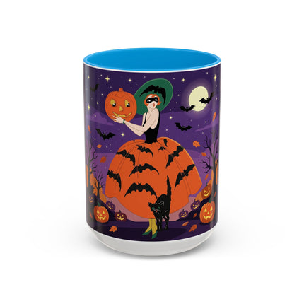 🎃🌕 The Pumpkin Moon Enchantress Colorful Mug – Elegant Halloween Masquerade