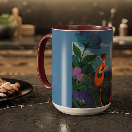 The Lady And The Sea Breeze Colorful Mugs – Art Deco Coastal Serenity