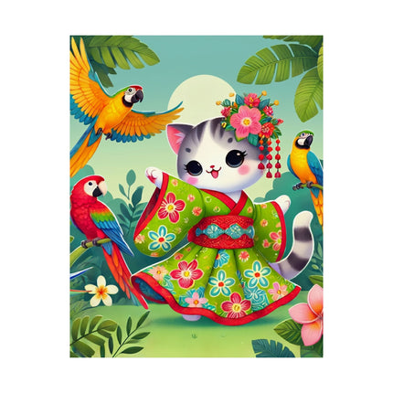 🦜🐱 Parrot Dance of the Geisha Kitten Matte Vertical Poster – Tropical Whimsy & Colorful Charm