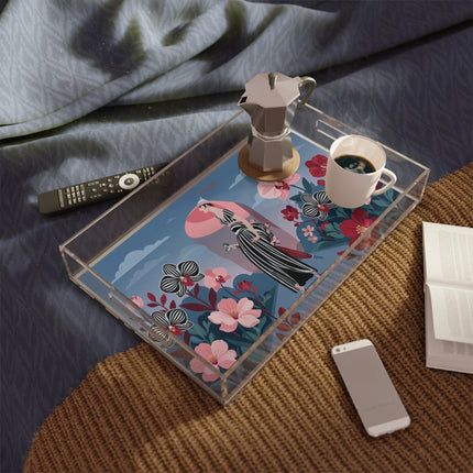 🌸🖤 The Striped Orchid Promenade Acrylic Serving Tray – Art Deco Floral Fashion